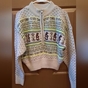 BDG Zip Neck Sweater - Cream and Green Pattern